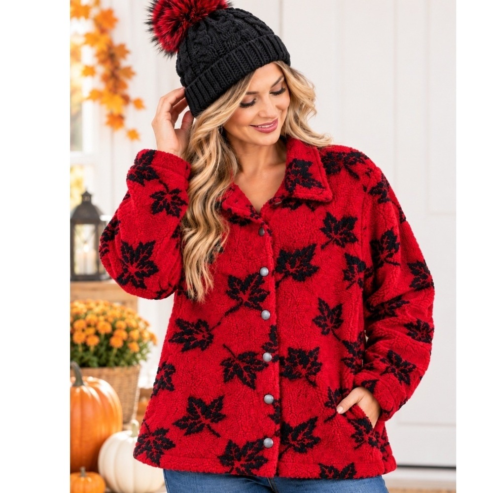 Vintage White Stag Sherpa Jacket Red Black Leaf Print Large Button Front Cozy